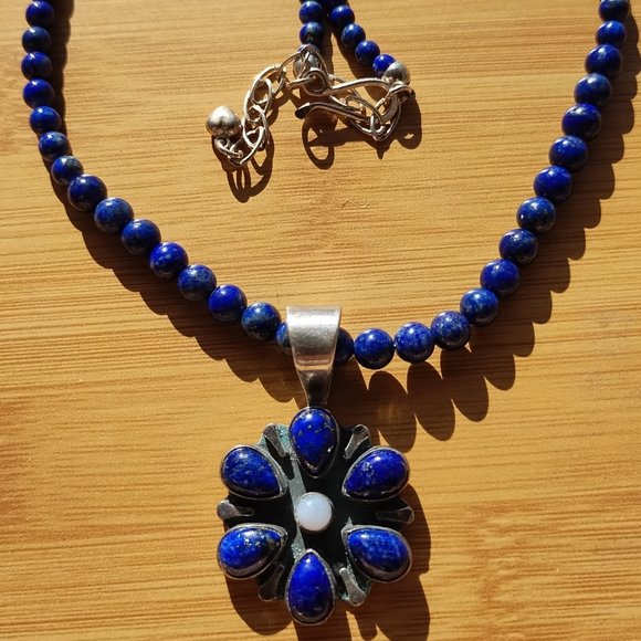Jay King Jewelry - Jay King DTR mine finds Lapis necklace Lapis Agate flower pendant 925 Sterling S
